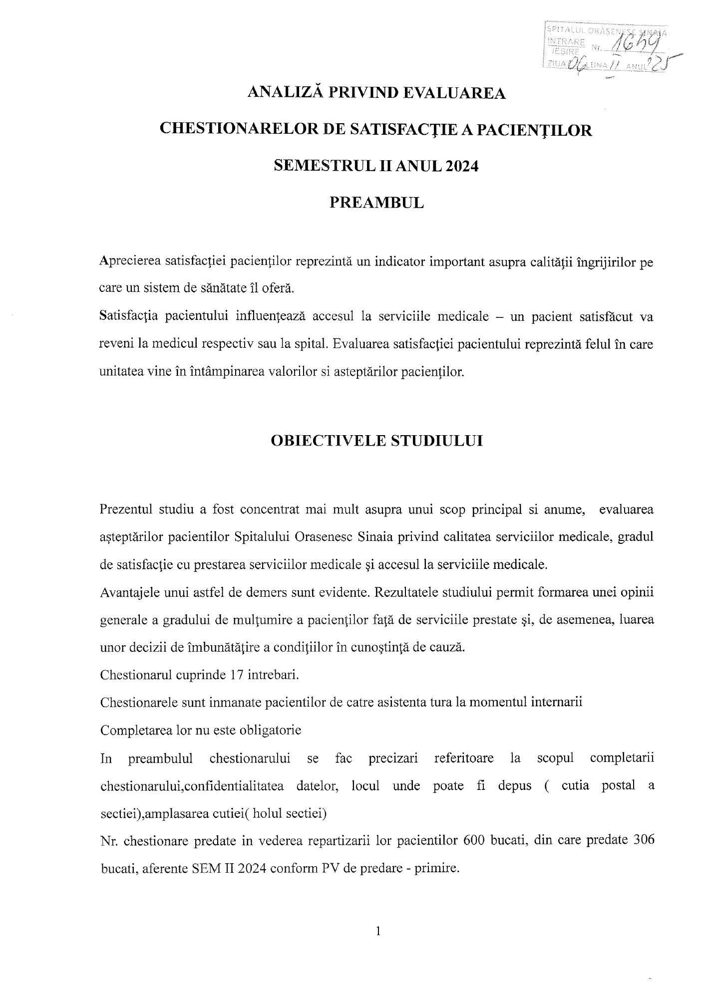 Raport evaluare chestionare pacienti - 2024 sem. II - pagina 1